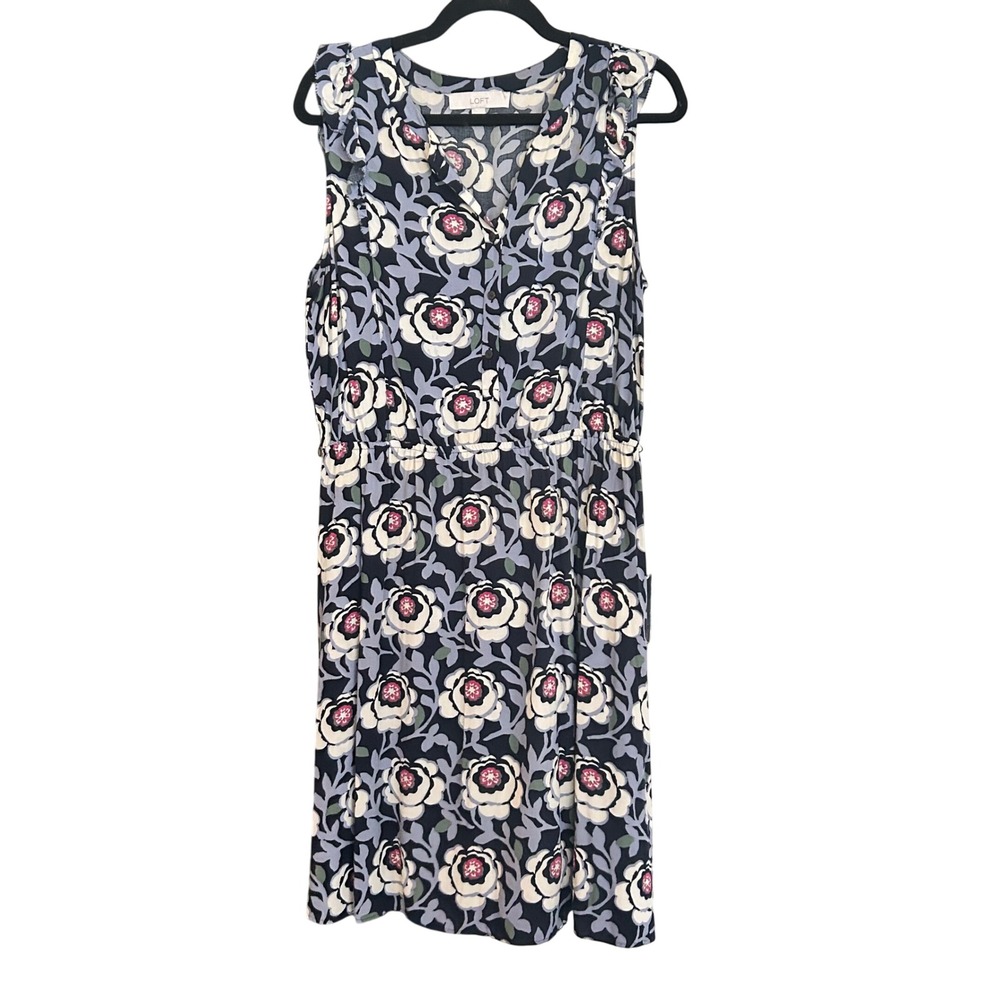 LOFT Floral Print Sleeveless Midi Dress Ruffle Trim Casual